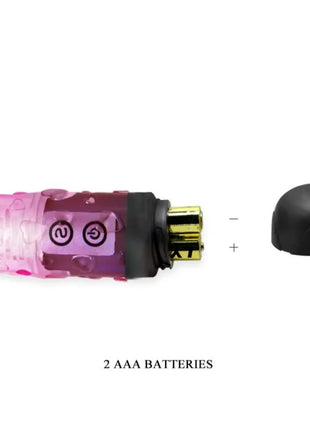 Rosa transparenter vibrator aus kunststoff mit schwarzer kappe und goldfarbenen batteriekontakten von BAILE
