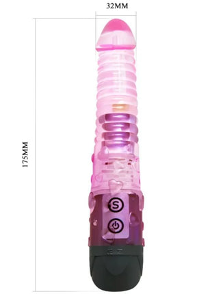 Rosa und lila durchsichtiger vibrierender vibrator aus plastik mit strukturierter oberfläche und schwarzer basis