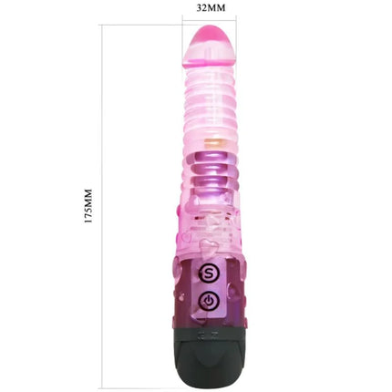 Rosa und lila durchsichtiger vibrierender vibrator aus plastik mit strukturierter oberfläche und schwarzer basis