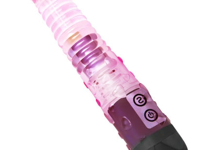 Rosa und lila durchsichtiger vibrator aus plastik mit gerillter oberfläche und zwei steuerknöpfen am griff von Baile