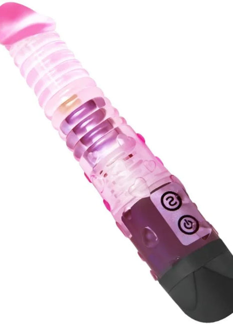 Rosa und lila durchsichtiger vibrator aus plastik mit gerillter oberfläche und zwei steuerknöpfen am griff von Baile