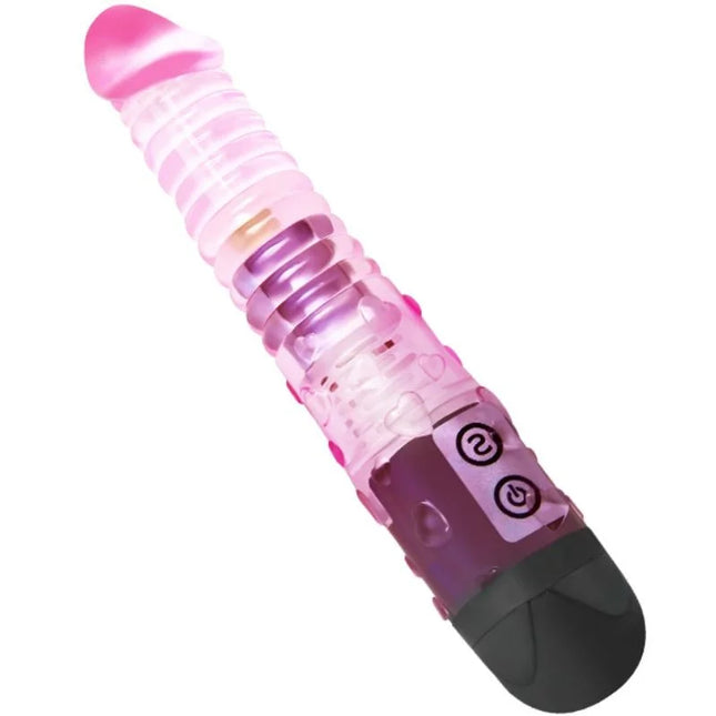 Rosa und lila durchsichtiger vibrator aus plastik mit gerillter oberfläche und zwei steuerknöpfen am griff von Baile