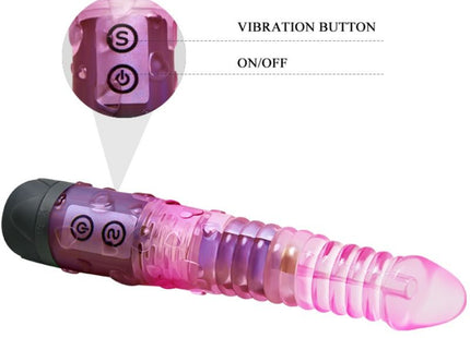 Rosa und lila durchsichtiger silikon vibrator mit strukturierten rillen und schwarzen bedienelementen von baile