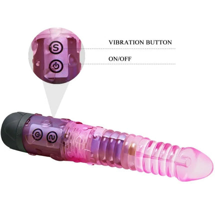 Rosa und lila durchsichtiger silikon vibrator mit strukturierten rillen und schwarzen bedienelementen von baile