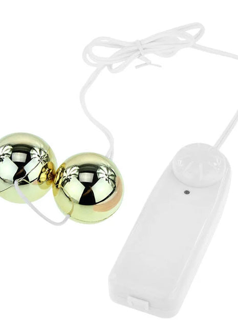 Baile goldener vibrator mit goldfarbenen kugelperlen aus metall verbunden mit weißem kabel und fernbedienung
