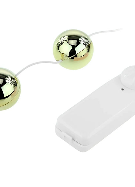 Goldener vibrator mit chinesischen bällen von baile aus metall mit weißem kabel und kompakter fernbedienung