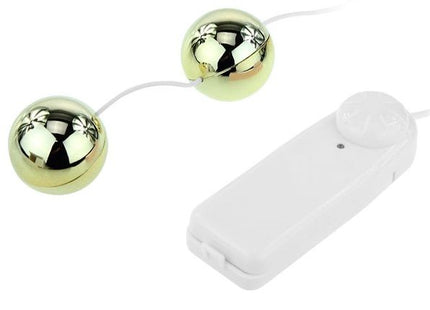 Goldener vibrator mit chinesischen bällen von baile aus metall mit weißem kabel und kompakter fernbedienung