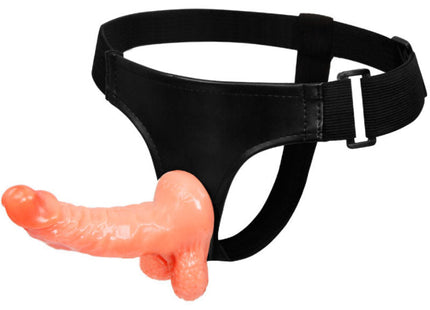 Schwarzer latexgurt mit pfirsichfarbenem silikonpenis und verstellbarem höschen von baile 15,5 cm