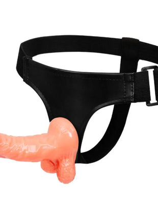 Schwarzer latexgurt mit pfirsichfarbenem silikonpenis und verstellbarem höschen von baile 15,5 cm