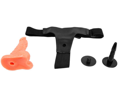 Schwarzer silikon-gurt mit zwei runden basen und pfirsichfarbenem realistischem dildo von baile 15,5 cm