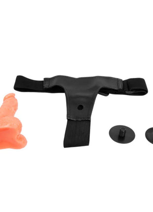 Schwarzer silikon-gurt mit zwei runden basen und pfirsichfarbenem realistischem dildo von baile 15,5 cm