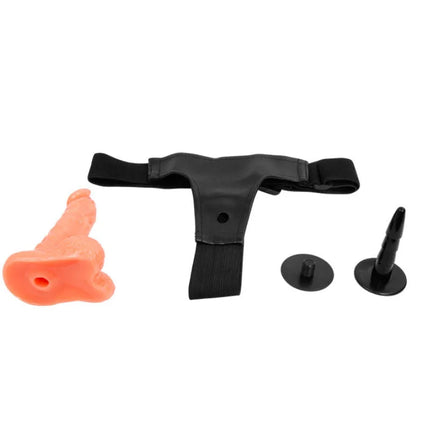 Schwarzer silikon-gurt mit zwei runden basen und pfirsichfarbenem realistischem dildo von baile 15,5 cm