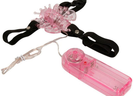 Baile gurt mit vibrierendem pinkem transparenter plastikschmetterling und schwarzen elastischen bändern mit fernbedienung