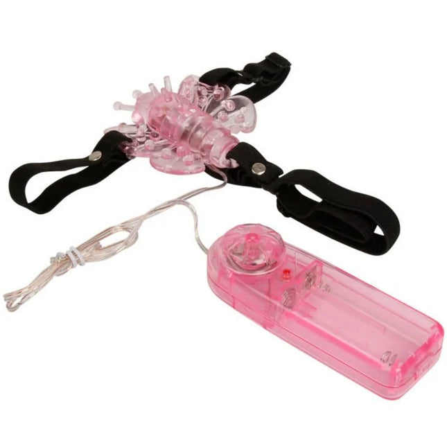 Baile gurt mit vibrierendem pinkem transparenter plastikschmetterling und schwarzen elastischen bändern mit fernbedienung