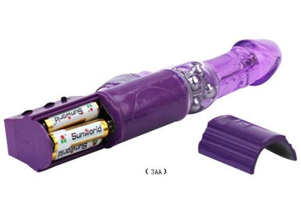 Violettes plastikt toy baile hot lady ii kaninchenperlenrotator mit transparentem spitz und aa-batterien hinten sichtbar