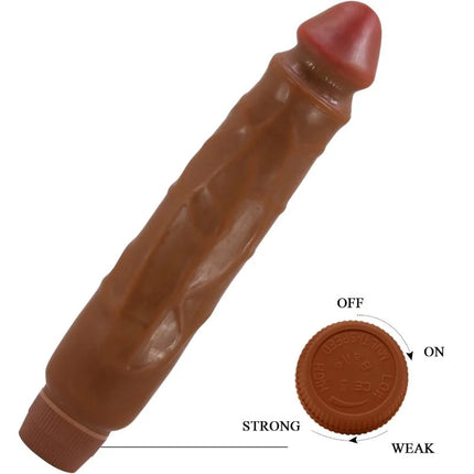 Brauner silikonvibrator mit strukturierter oberfläche roter spitze und drehregler baile jack realistischer vibrator 26 cm mulatte