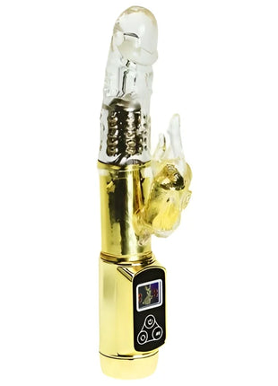 Goldfarbener vibrator baile kaninchen sibirien passion mit transparentem silikonkopf und goldener handförmiger aufsatz