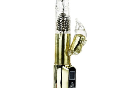 Ein transparenter und goldfarbener elektrischer hasenvibrator mit klarem Kopf und metallic-innenkomponenten von baile