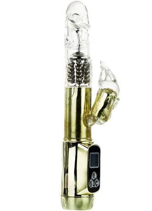 Ein transparenter und goldfarbener elektrischer hasenvibrator mit klarem Kopf und metallic-innenkomponenten von baile