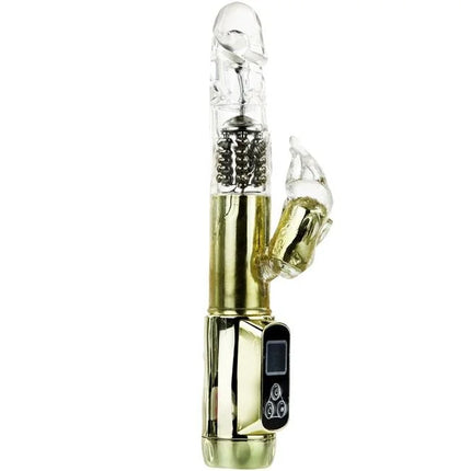 Ein transparenter und goldfarbener elektrischer hasenvibrator mit klarem Kopf und metallic-innenkomponenten von baile