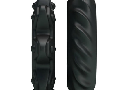 Schwarzer silikonring mit strukturiertem rillenmuster und gezahntem segmentdesign aus dem baile kit 2 ring blühende silikonringe