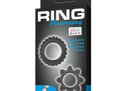 Schwarzer silikonring mit blumenförmigem zahnraddesign aus dem baile kit 2 ring blühende silikonringe