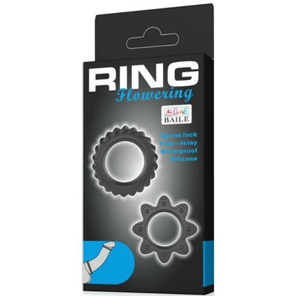 Schwarzer silikonring mit blumenförmigem zahnraddesign aus dem baile kit 2 ring blühende silikonringe