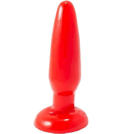 Ein glänzender roter plastik-analstecker von baile mit abgerundetem boden und konischem spitzenende 15 cm lang
