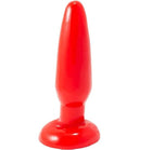 Ein glänzender roter plastik-analstecker von baile mit abgerundetem boden und konischem spitzenende 15 cm lang