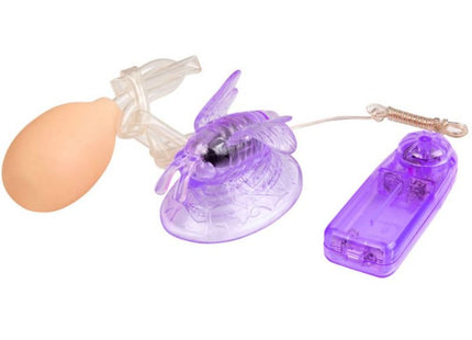 Lila klitorisstimulation vibrierender schmetterling adult toy aus durchsichtigem lila plastik mit beigeem ballon und fernbedienung