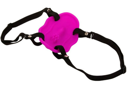 Vibranter pinker silikon mundknebel mit schwarzen verstellbaren riemen und silbernen metallverschlüssen von baile love fahrergurt mit vibration