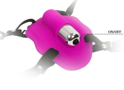 Pink silikonmundknebel mit silbernem metallstecker und schwarzen verstellbaren riemen von baile love fahrergurt mit vibration