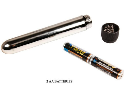 Shiny chromfarbener zylindrischer vibrator mit gewindedeckel und schwarzem batteriegehäuse aus der baile lovers secret collection fantasykit