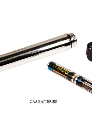 Shiny chromfarbener zylindrischer vibrator mit gewindedeckel und schwarzem batteriegehäuse aus der baile lovers secret collection fantasykit