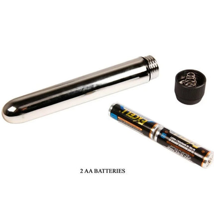 Shiny chromfarbener zylindrischer vibrator mit gewindedeckel und schwarzem batteriegehäuse aus der baile lovers secret collection fantasykit