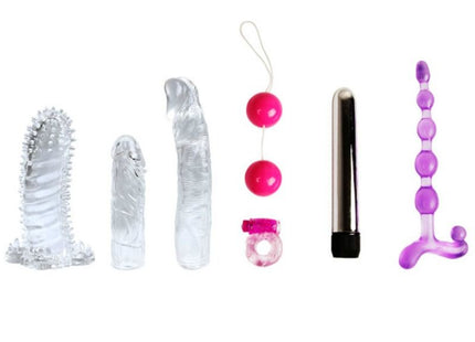 Set aus sechs klaren, rosa und lila silikon-sexspielzeugen inklusive vibratoren, perlen und ring von BAILE lovers secret collection fantasykit