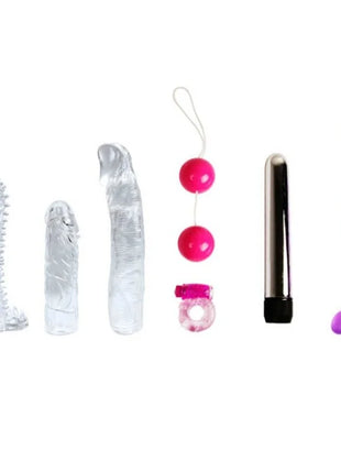Set aus sechs klaren, rosa und lila silikon-sexspielzeugen inklusive vibratoren, perlen und ring von BAILE lovers secret collection fantasykit