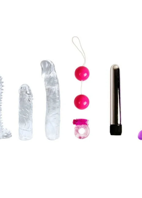 Set aus sechs klaren, rosa und lila silikon-sexspielzeugen inklusive vibratoren, perlen und ring von BAILE lovers secret collection fantasykit