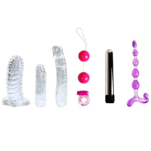 Set aus sechs klaren, rosa und lila silikon-sexspielzeugen inklusive vibratoren, perlen und ring von BAILE lovers secret collection fantasykit
