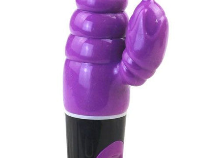 Purple und schwarze silikon rabbit vibrator mit strukturierter segmentierter oberfläche und gebogenem schwanz von baile