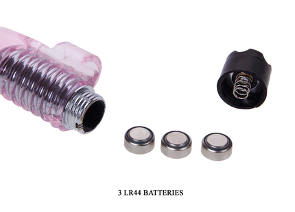 Baile mini finger vibrator aus silikon pink durchsichtig mit metallgewinde und schwarzen batteriedeckel mit drei lr44 batterien