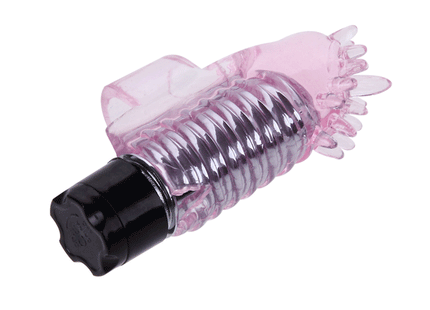 Pinkfarbener transparenter silikonmini vibrator mit geriffeltem körper und schwarzer tastenkappe von baile