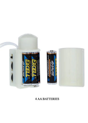 Weißer kunststoff akkuhalter mit zwei aa batterien und einer ersatzbatterie neben baile mr grosser realistischer penis und anusmasturbator