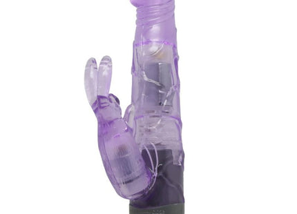 Lila durchsichtiger kaninchen-vibrator aus klarer hülle mit fliederfarbener basis und weißer beschriftung von baile