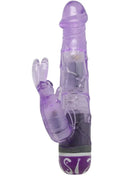Lila durchsichtiger kaninchen-vibrator aus klarer hülle mit fliederfarbener basis und weißer beschriftung von baile