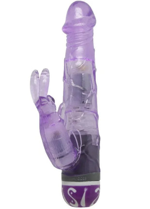 Lila durchsichtiger kaninchen-vibrator aus klarer hülle mit fliederfarbener basis und weißer beschriftung von baile