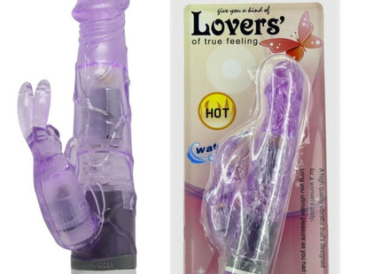 Violetter transparenter rabbit-vibrator aus silikon mit mehrstufiger geschwindigkeit und dekorativem ständer