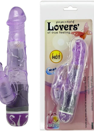 Violetter transparenter rabbit-vibrator aus silikon mit mehrstufiger geschwindigkeit und dekorativem ständer