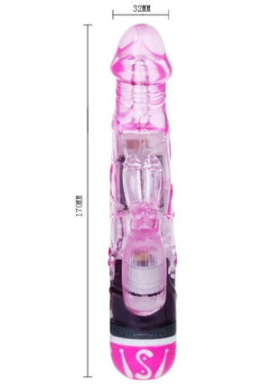 Rosa durchscheinender plastik-vibrator mit schwarzer basis und weißem logo von baile mit mehrgeschwindigkeit und flexiblem kaninchenaufsatz