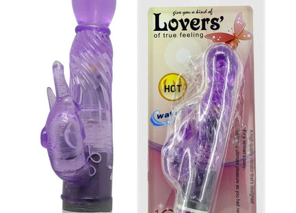 Lila transparenter kaninchen-vibrator mit mehrstufiger intensität und weißem wirbelmuster am sockel
